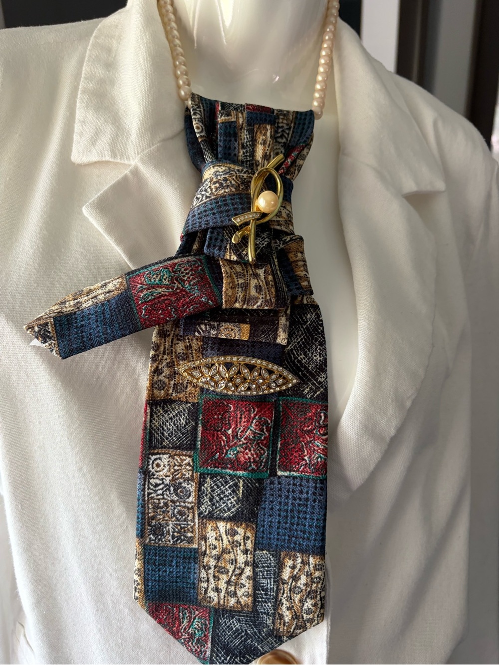 Women's Pearl & Gold Accent Patchwork Necktie Necklace - (Pearls not included )